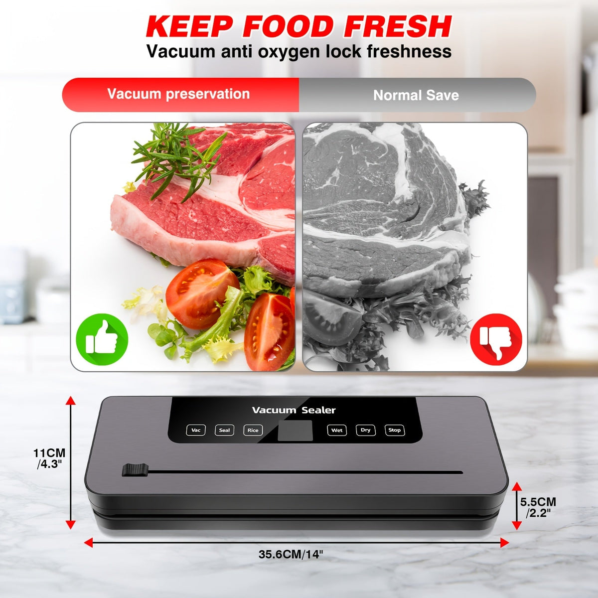Multi-Functional Vacuum Sealer Machine, Automatic Food Sealer with 60 KPA Powerful Suction Vacuum Sealer Machine with 10 Sealer Bags, 5 Modes, for Keep Meat Vegetables Fruits Grains Fresh
