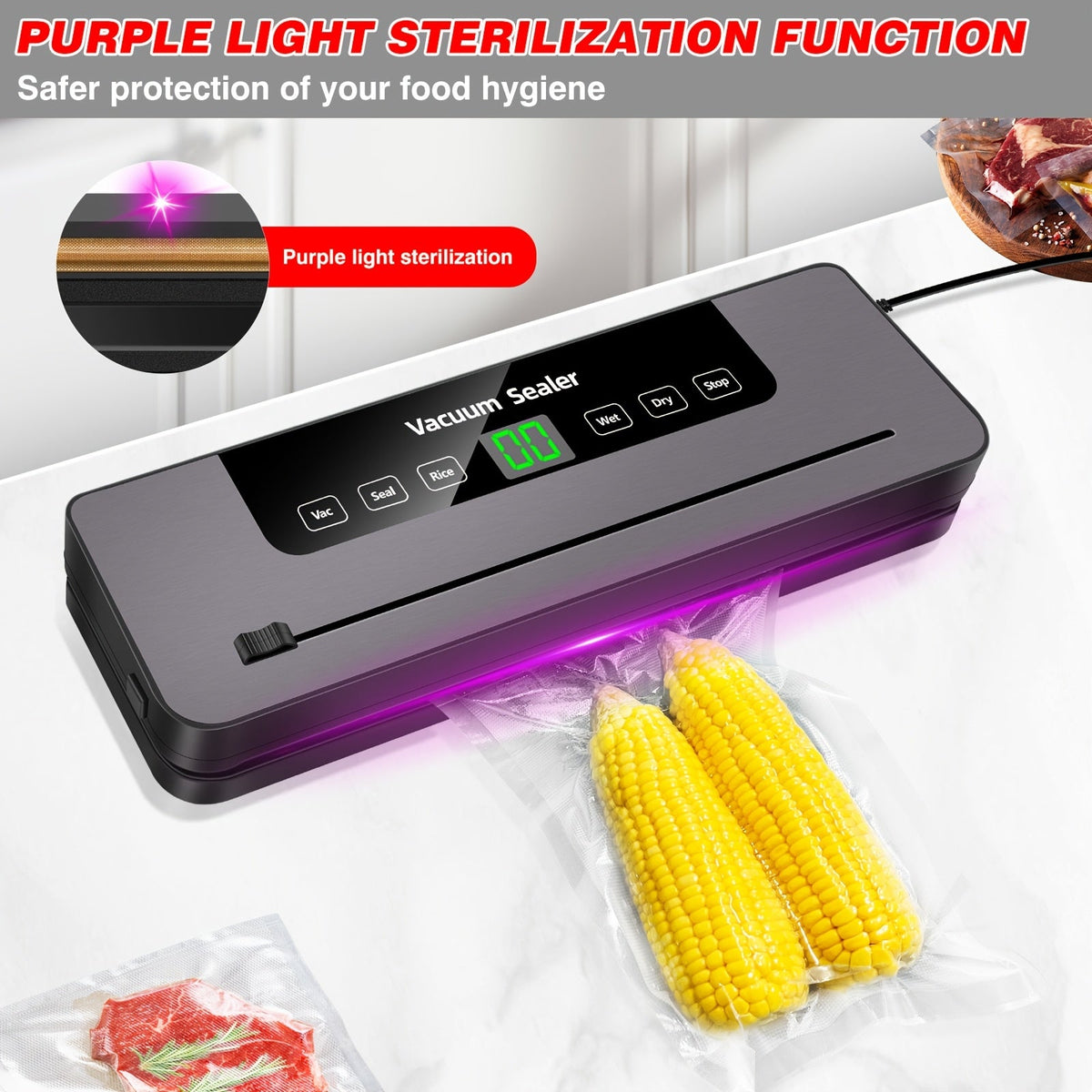 Multi-Functional Vacuum Sealer Machine, Automatic Food Sealer with 60 KPA Powerful Suction Vacuum Sealer Machine with 10 Sealer Bags, 5 Modes, for Keep Meat Vegetables Fruits Grains Fresh