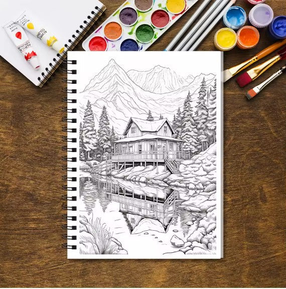 Coloring Book - 8.3 x 11.2 inches 32 pages Lake Scenery Coloring Book - Ideal gift for family or friends
