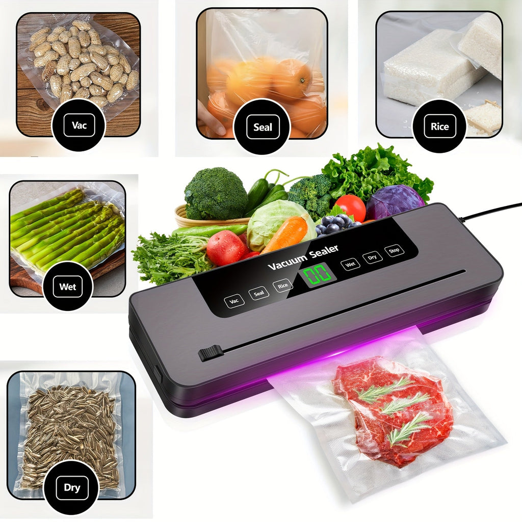 Multi-Functional Vacuum Sealer Machine, Automatic Food Sealer with 60 KPA Powerful Suction Vacuum Sealer Machine with 10 Sealer Bags, 5 Modes, for Keep Meat Vegetables Fruits Grains Fresh