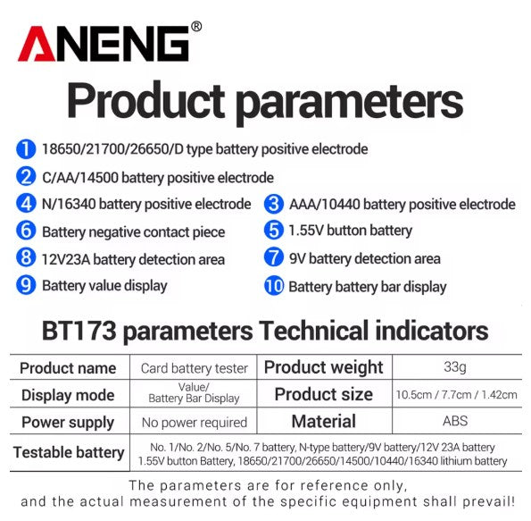 Digital Display Battery Voltage Tester ANENG BT173 High Precision 12V 23A/9V 6F22 Button Cell etc.Portable Universal Test Tools