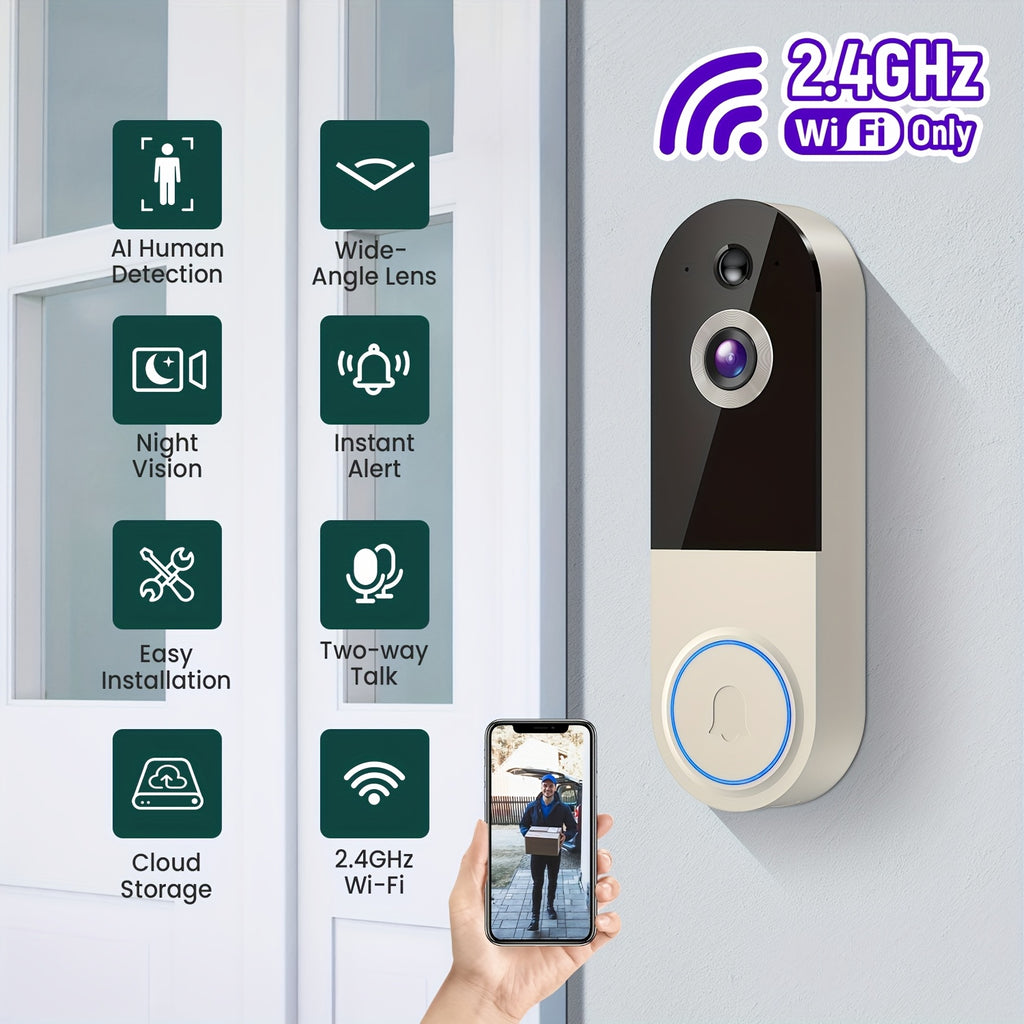 Wireless Video Doorbell, Wall Mounted, 1440P, with AI Motion Detection, Remote Control Via Cell Phone, Easy to Install, for Home Monitoring, Two-Way Audio, Rechargeable Battery, Night Vision Function